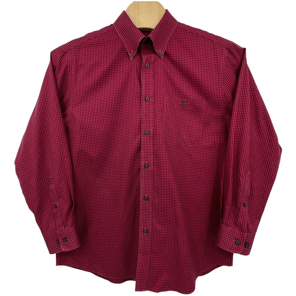 Vintage Orvis Button Down Dress Shirt Mens Red Black Gingham Check Long Sleeve L